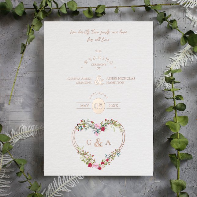 Pink Red Shades Heart Luxury Romantic Botanical  Foil Invitation (Creator Uploaded)