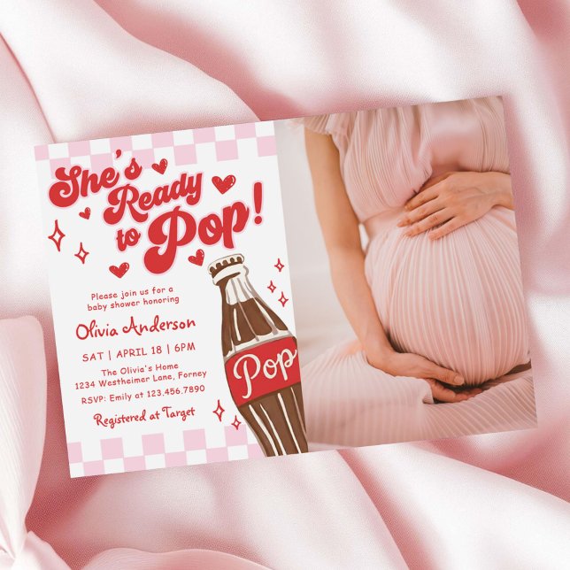 Pink Red She's Ready to Pop Baby Shower Photo Invitation (Creator Uploaded)