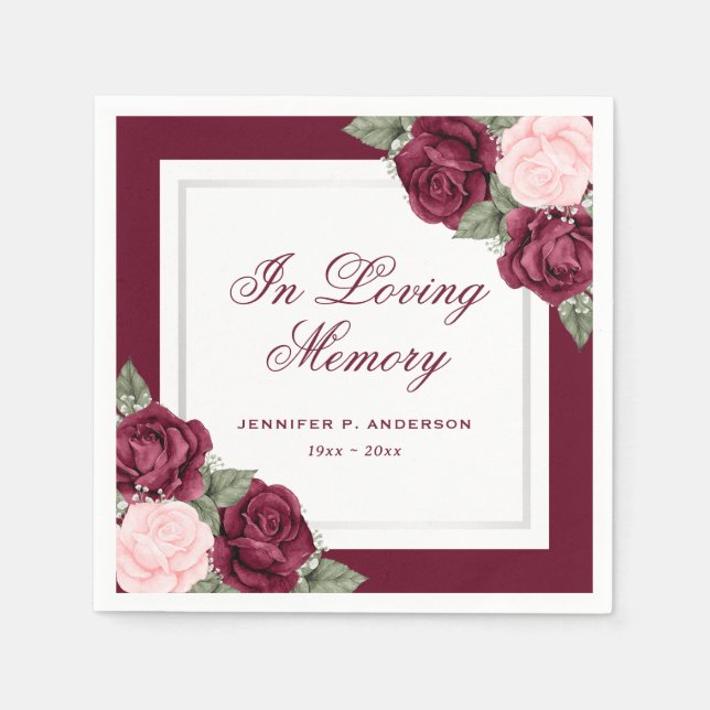 Pink Red Silver Floral Funeral Memorial Napkins (Front)
