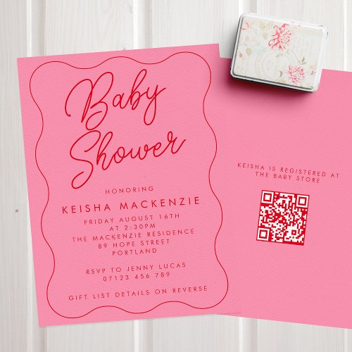 Pink  Red Squiggle QR Code Baby Shower Invitation