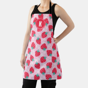 Pink Red Strawberries Floral Pattern Monogram Apron