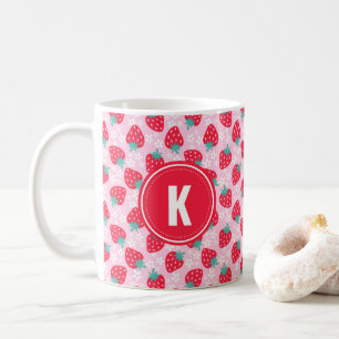Pink Red Strawberries Floral Pattern Monogram Coffee Mug