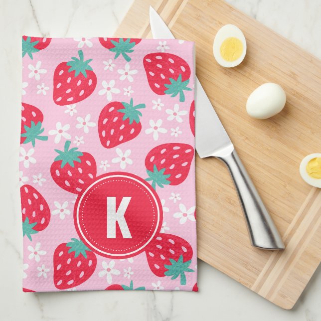 Pink Red Strawberries Floral  Pattern Monogram Kitchen Towel (Quarter Fold)
