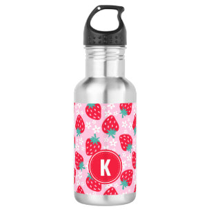 Pink Red Strawberries Floral  Pattern Monogram Stainless Steel Water Bottle