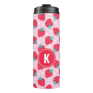 Pink Red Strawberries Floral Pattern Monogram Thermal Tumbler