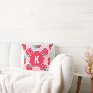 Pink Red Strawberries Floral  Pattern Monogram Throw Pillow