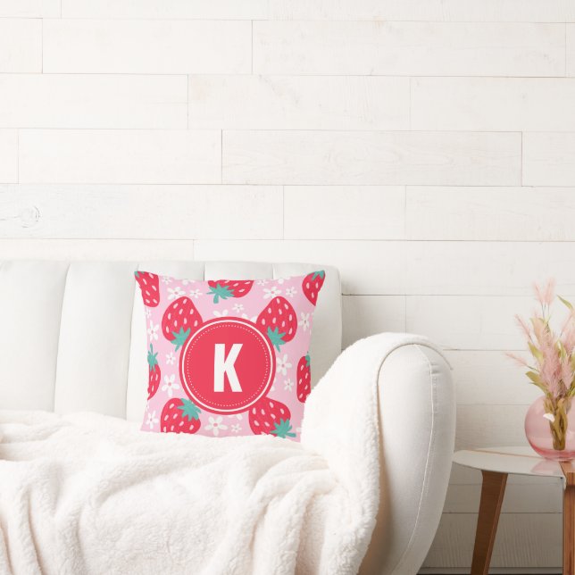 Pink Red Strawberries Floral  Pattern Monogram Throw Pillow (Couch)