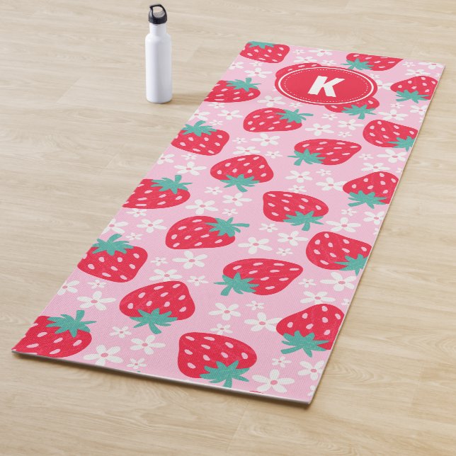 Pink Red Strawberries Floral  Pattern Monogram Yoga Mat (In Situ)