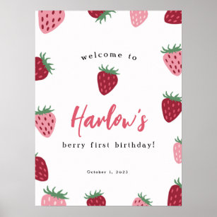 Pink & Red Strawberry Berry first Birthday Welcome Poster