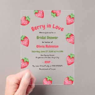 Pink Red Strawberry Berry in Love Bridal Shower  Acrylic Invitations