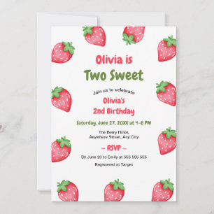Pink & Red Strawberry Two Sweet 2nd Birthday   Invitation