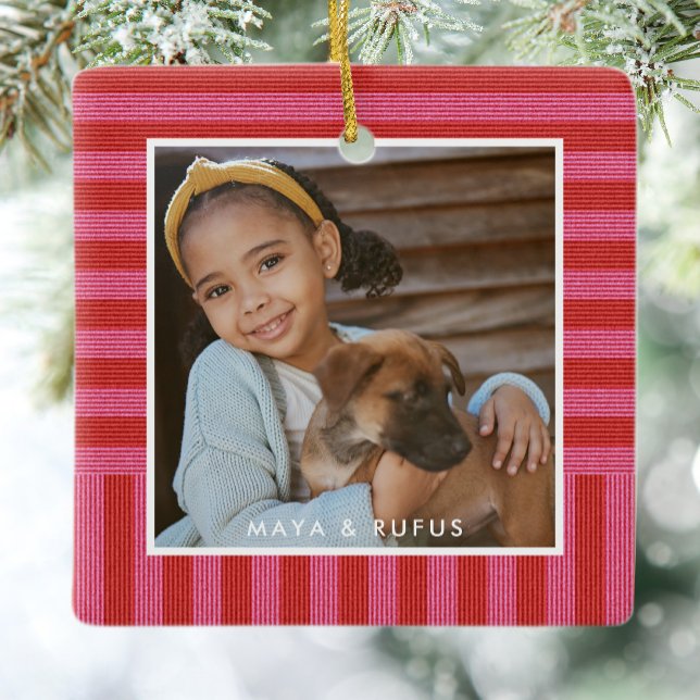 Pink red stripe cute simple one photo Christmas Ceramic Ornament (Creator Uploaded)