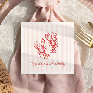 Pink & Red Stripe Lobster 1st Birthday Napkins