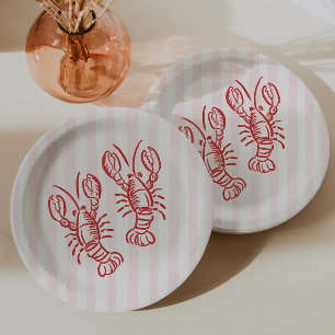 Pink & Red Stripe Lobster Birthday Paper Plates