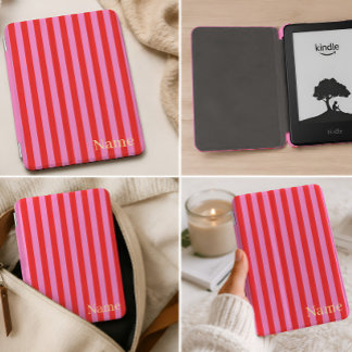 Pink & Red Striped Personalized Kindle Case