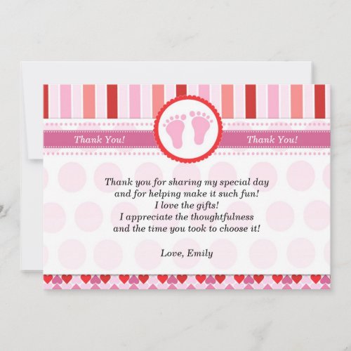 Pink Red Stripes Baby Girl Shower Thank You Card