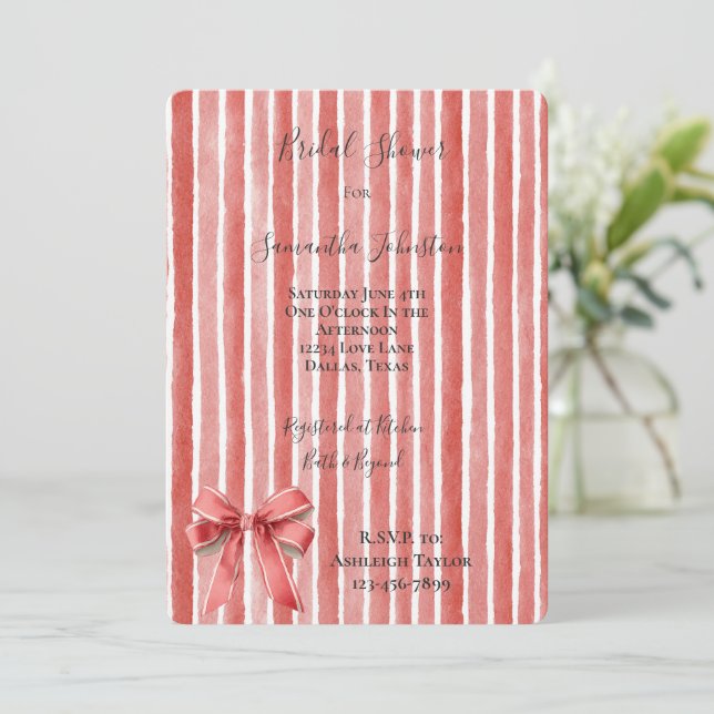 Pink Red Stripes Bow Bridal Shower Invitation (Standing Front)