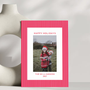 Pink Red Stripes Festive Family Vertical Photo Holiday Card