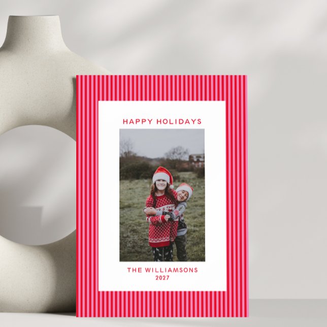 Pink Red Stripes Festive Family Vertical Photo  Holiday Card (Creator Uploaded)