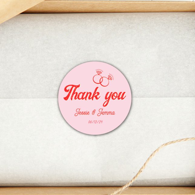 Pink & Red Thank you Wedding Favor  Classic Round Sticker (Creator Uploaded)