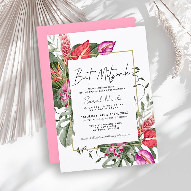 Pink & Red Tropical Floral Bat Mitzvah Invitation (Creator Uploaded)