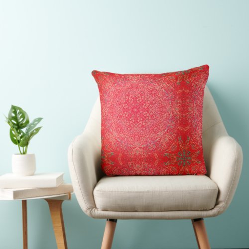 Pink Red Turquoise Intricate Mandala Tile Throw Pillow