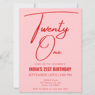 Pink Red Twenty one 21st Birthday Invitation