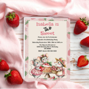 Pink Red Two Sweet Strawberry 2nd Birthday Party Invitation