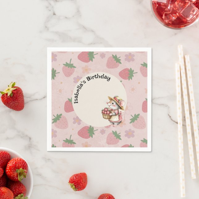 Pink Red Two Sweet Strawberry 2nd Birthday Party Napkins (Insitu)