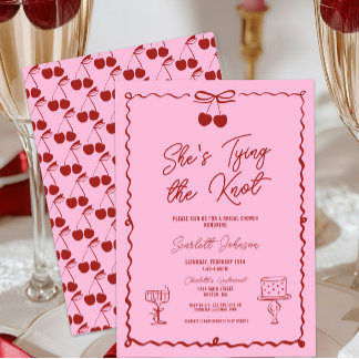 Pink & Red Tying the Knot Bow Cherry Bridal Shower Invitation