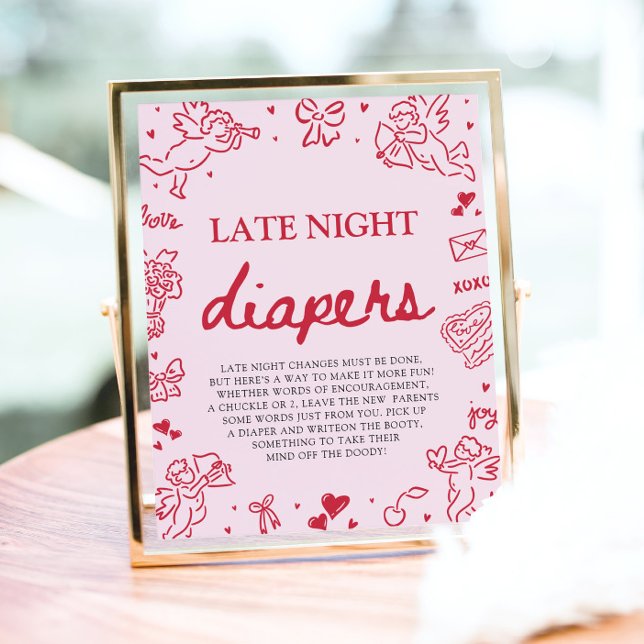 Pink Red Valentine Baby Shower Late Night Diapers Poster (Pink Red Valentine Baby Shower Late Night Diapers Game Sign)