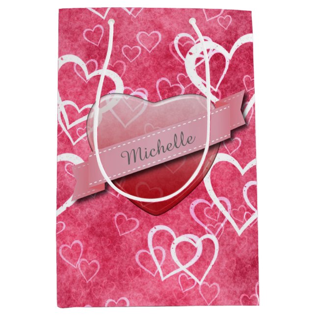 Pink Red Valentine Hearts Personalized Medium Gift Bag (Front)