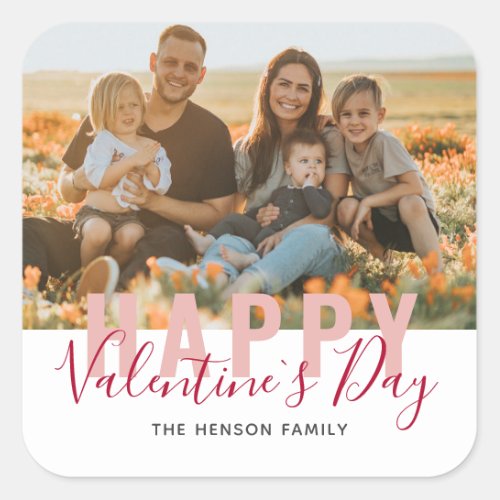 Pink Red Valentines Day Script Family Photo Square Sticker