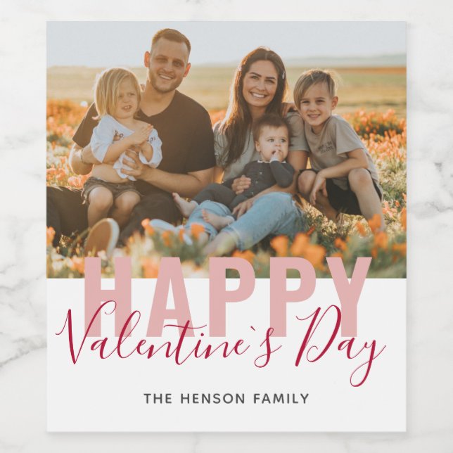 Pink Red Valentine`s Day Script Family Photo  Wine Label (Single Label)