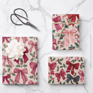 Pink Red Vintage Bows Christmas Wrapping Paper Sheets