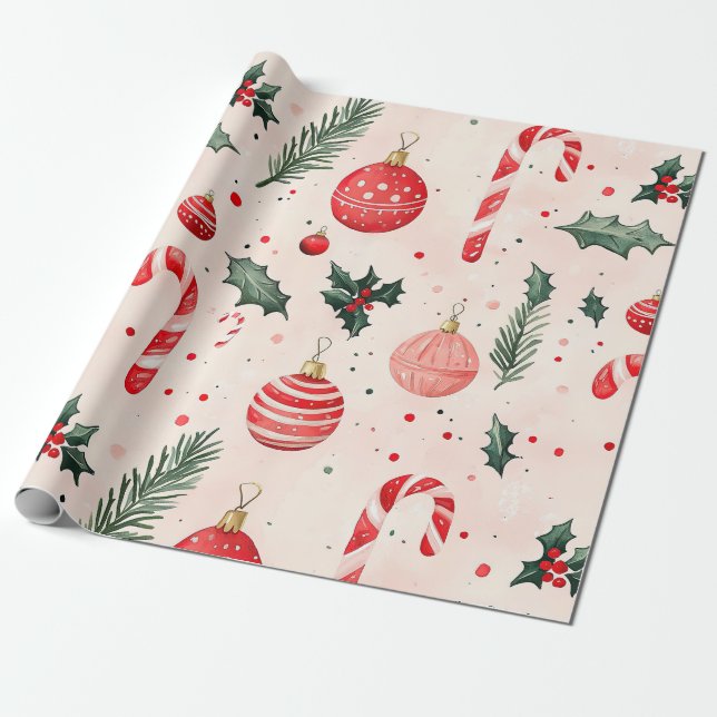 Pink Red Vintage Christmas  Wrapping Paper (Unrolled)