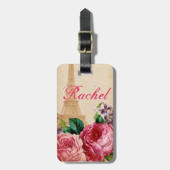 Pink & Red Vintage Roses Floral & Eiffel Tower Luggage Tag by SimpleMonograms at Zazzle
