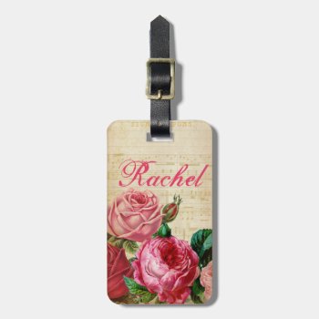 Pink & Red Vintage Roses Floral & Sheet Music Luggage Tag by SimpleMonograms at Zazzle