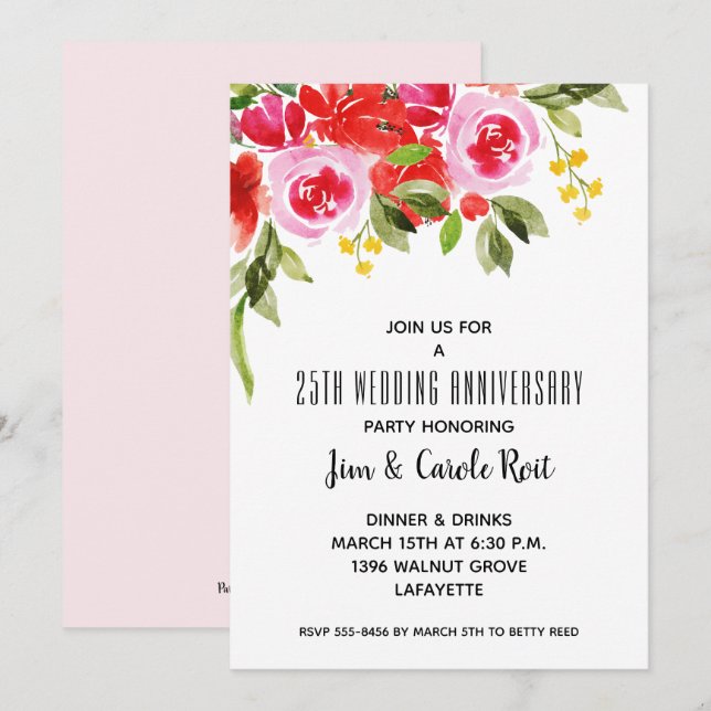 Pink Red Watercolor Floral Anniversary Invitations (Front/Back)