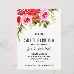 Pink Red Watercolor Floral Anniversary Invitations