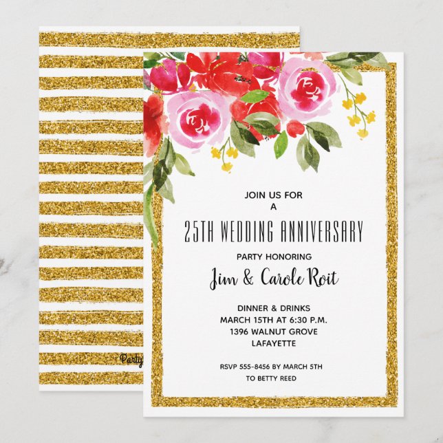 Pink Red Watercolor Floral Anniversary Invites (Front/Back)