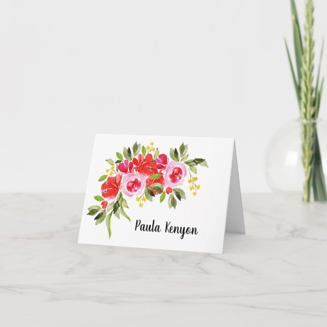 Pink Red Watercolor Floral Folded Note Card (Front)