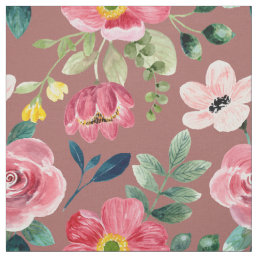 Pink Red Watercolor Floral Green Leaves Dusty Rose Fabric