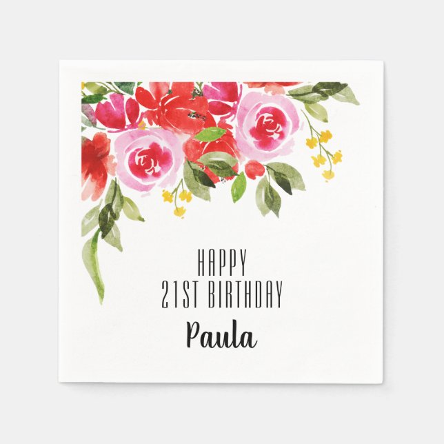 Pink Red Watercolor Floral Party Napkins (Front)