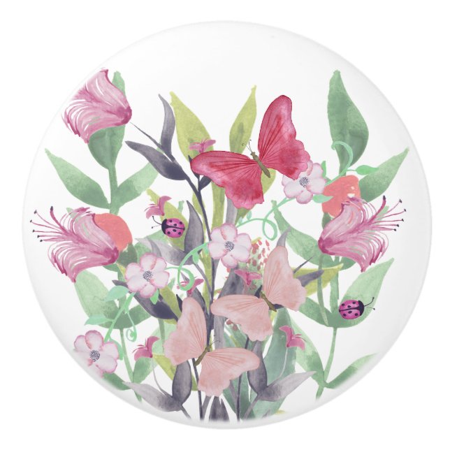 Pink & Red Watercolor Flowers & Butterflies Ceramic Knob (Front)