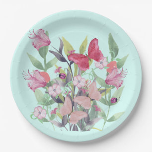 Pink & Red Watercolor Flowers & Butterflies Paper Plates