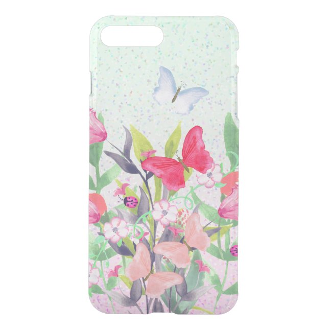 Pink & Red Watercolor Flowers & Butterflies Uncommon iPhone Case (Back)