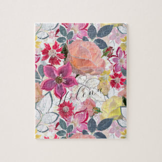 Pink, red watercolor flowers. jigsaw puzzle