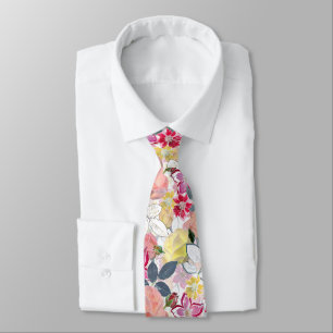 Pink, red watercolor flowers. neck tie