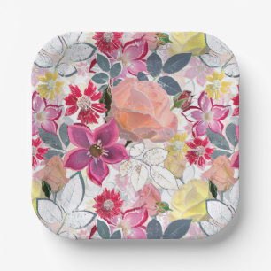 Pink, red watercolor flowers. paper plates